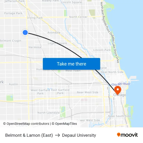 Belmont & Lamon (East) to Depaul University map
