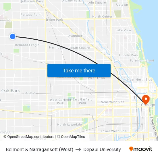 Belmont & Narragansett (West) to Depaul University map