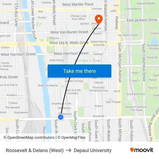 Roosevelt & Delano (West) to Depaul University map
