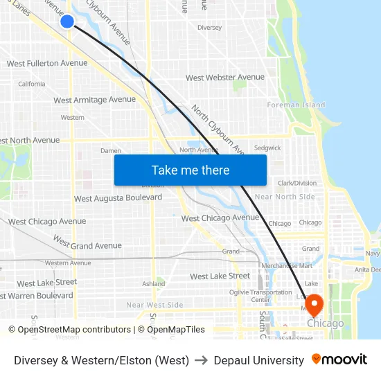 Diversey & Western/Elston (West) to Depaul University map
