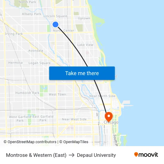 Montrose & Western (East) to Depaul University map