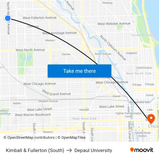 Kimball & Fullerton (South) to Depaul University map