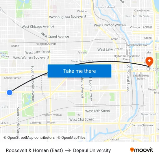 Roosevelt & Homan (East) to Depaul University map