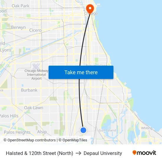 Halsted & 120th Street (North) to Depaul University map