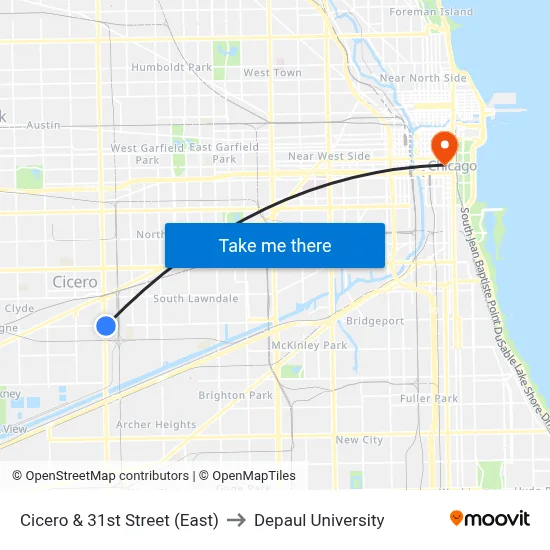 Cicero & 31st Street (East) to Depaul University map