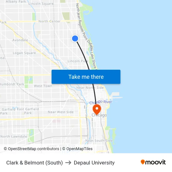 Clark & Belmont (South) to Depaul University map