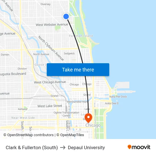 Clark & Fullerton (South) to Depaul University map