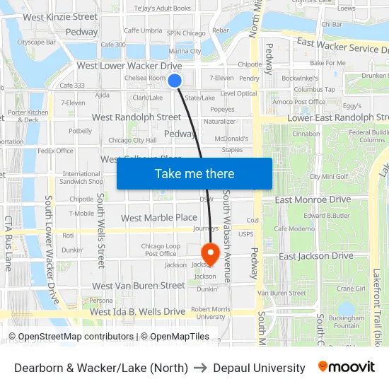 Dearborn & Wacker/Lake (North) to Depaul University map