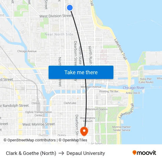 Clark & Goethe (North) to Depaul University map