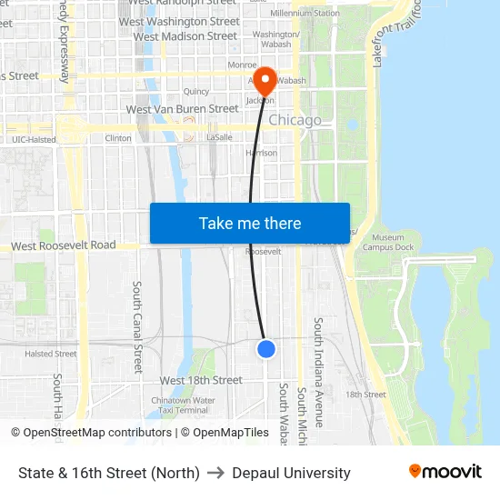 State & 16th Street (North) to Depaul University map