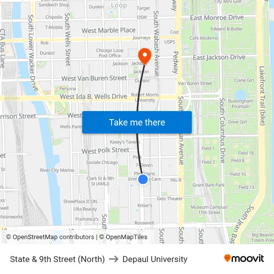 State & 9th Street (North) to Depaul University map