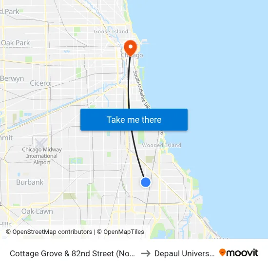 Cottage Grove & 82nd Street (North) to Depaul University map
