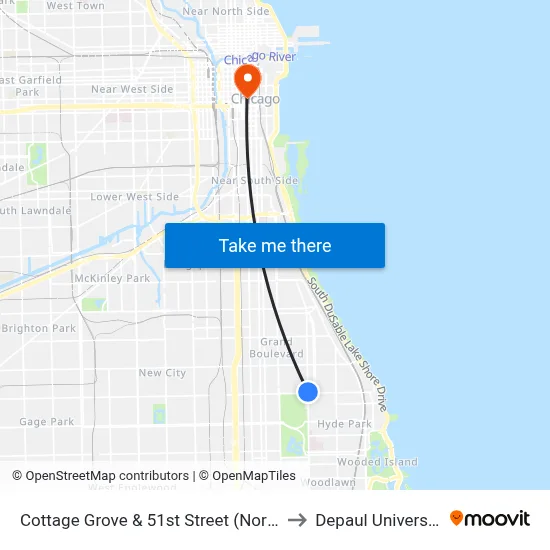 Cottage Grove & 51st Street (North) to Depaul University map