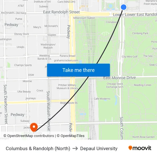 Columbus & Randolph (North) to Depaul University map
