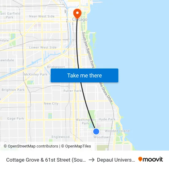 Cottage Grove & 61st Street (South) to Depaul University map