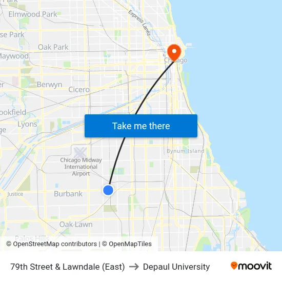 79th Street & Lawndale (East) to Depaul University map