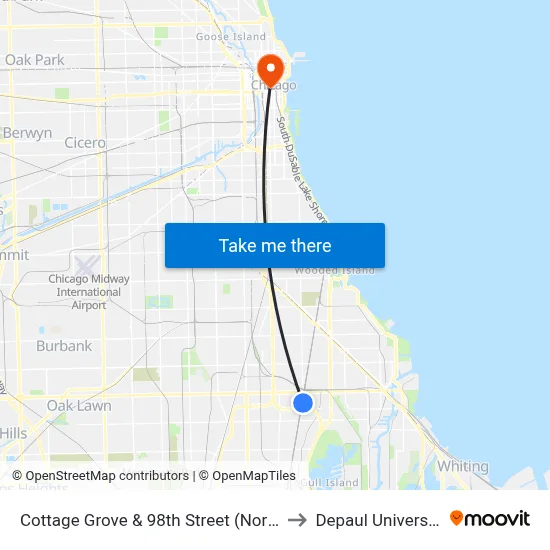 Cottage Grove & 98th Street (North) to Depaul University map