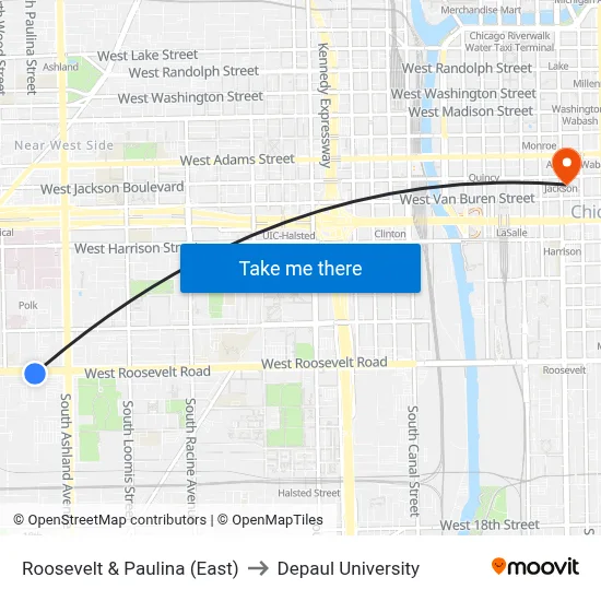 Roosevelt & Paulina (East) to Depaul University map