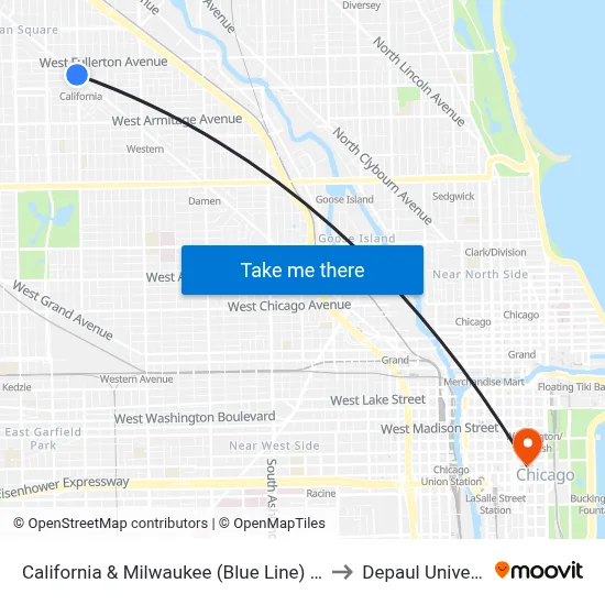 California & Milwaukee (Blue Line) (South) to Depaul University map