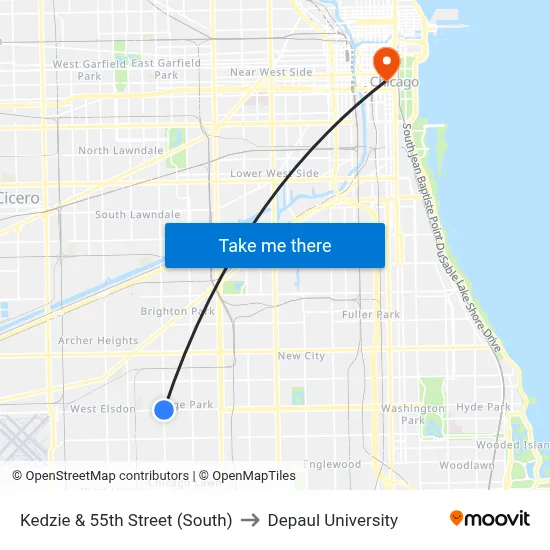 Kedzie & 55th Street (South) to Depaul University map