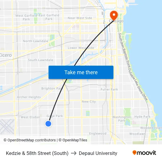 Kedzie & 58th Street (South) to Depaul University map