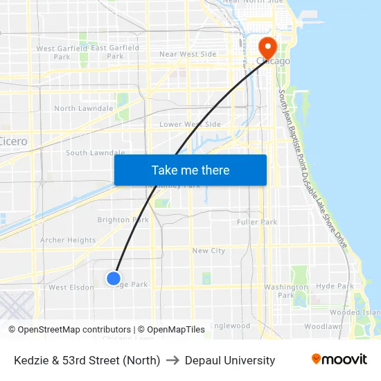 Kedzie & 53rd Street (North) to Depaul University map