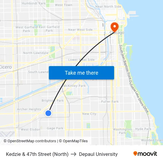 Kedzie & 47th Street (North) to Depaul University map