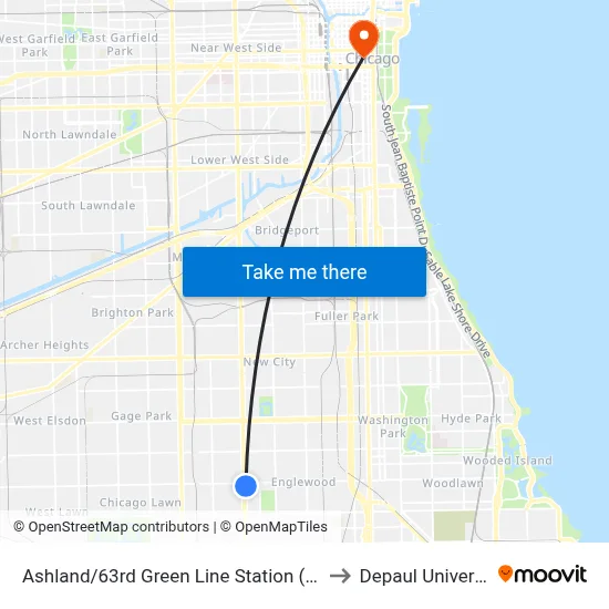 Ashland/63rd Green Line Station (West) to Depaul University map