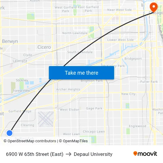 6900 W 65th Street (East) to Depaul University map
