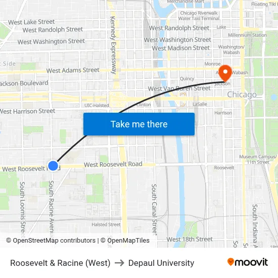 Roosevelt & Racine (West) to Depaul University map
