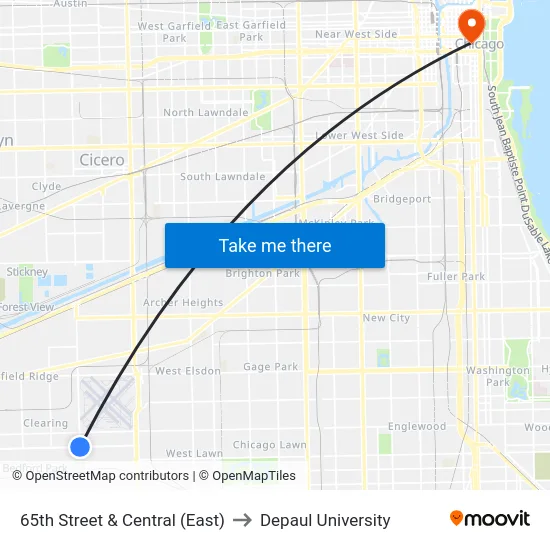 65th Street & Central (East) to Depaul University map