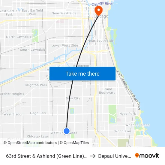63rd Street & Ashland (Green Line) (East) to Depaul University map