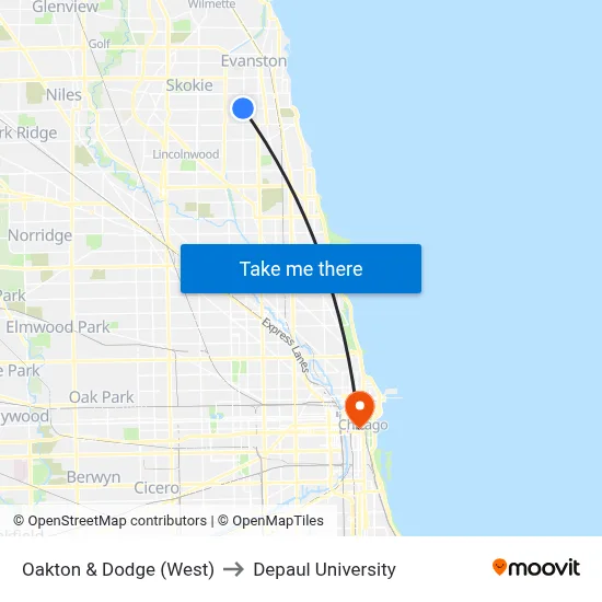 Oakton & Dodge (West) to Depaul University map