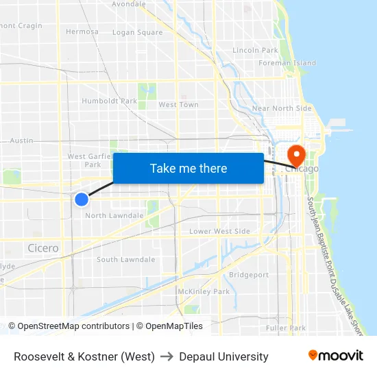 Roosevelt & Kostner (West) to Depaul University map
