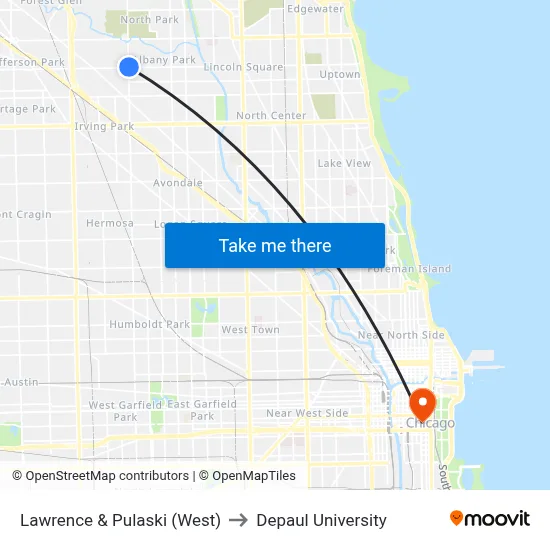 Lawrence & Pulaski (West) to Depaul University map