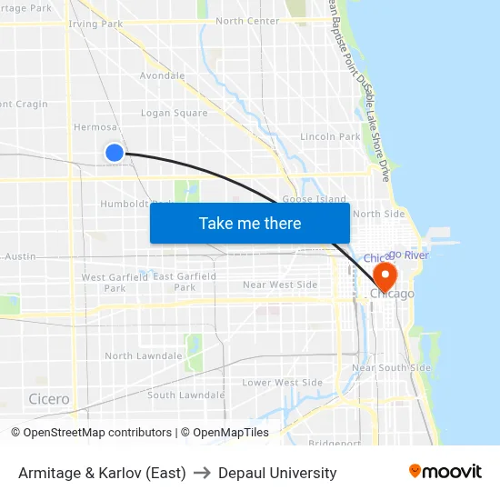Armitage & Karlov (East) to Depaul University map