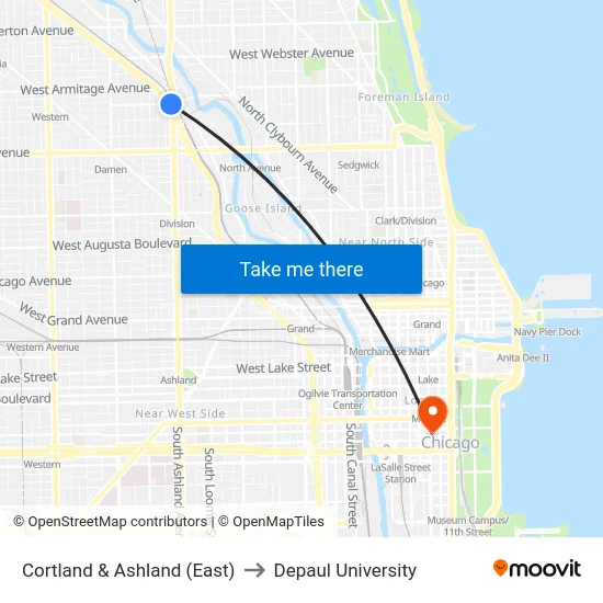 Cortland & Ashland (East) to Depaul University map
