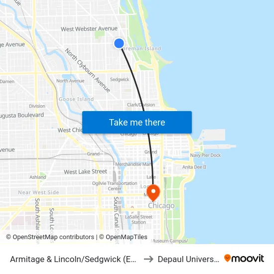 Armitage & Lincoln/Sedgwick (East) to Depaul University map