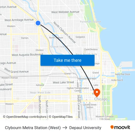 Clybourn Metra Station (West) to Depaul University map