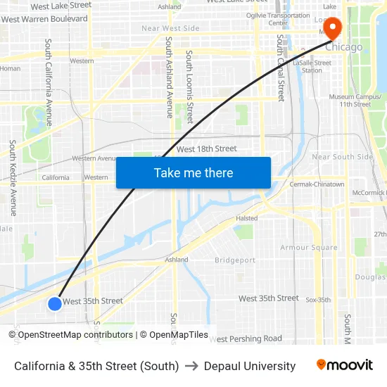 California & 35th Street (South) to Depaul University map