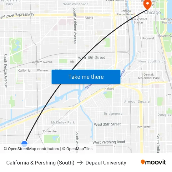 California & Pershing (South) to Depaul University map
