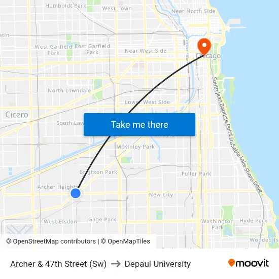 Archer & 47th Street (Sw) to Depaul University map