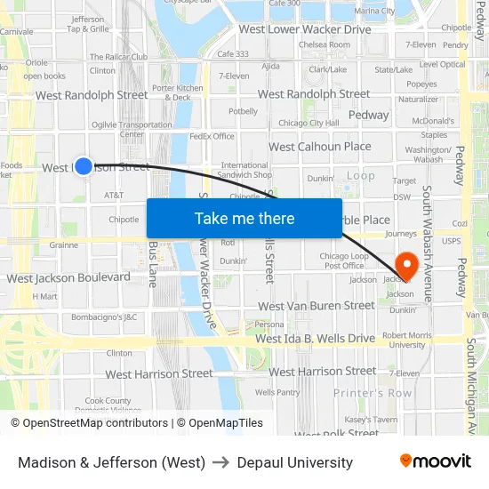 Madison & Jefferson (West) to Depaul University map