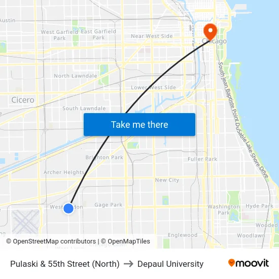 Pulaski & 55th Street (North) to Depaul University map