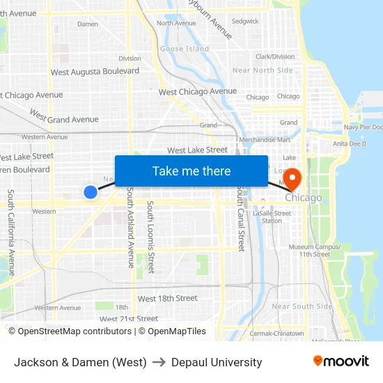 Jackson & Damen (West) to Depaul University map