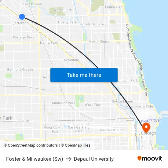 Foster & Milwaukee (Sw) to Depaul University map