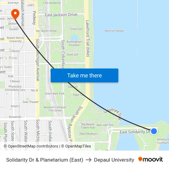 Solidarity Dr & Planetarium (East) to Depaul University map