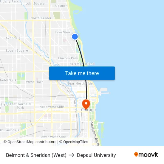Belmont & Sheridan (West) to Depaul University map