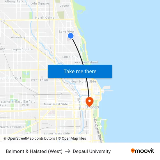 Belmont & Halsted (West) to Depaul University map