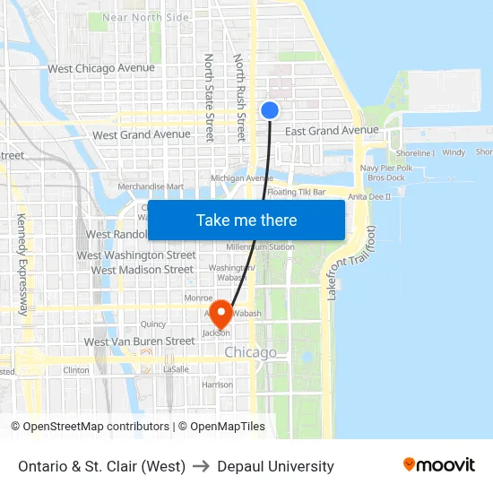 Ontario & St. Clair (West) to Depaul University map
